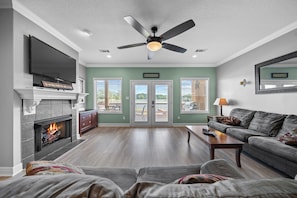 TV connectée, cheminée, lecteur de DVD, livres