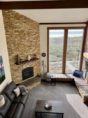 Smart TV, chimenea, reproductor de DVD y libros