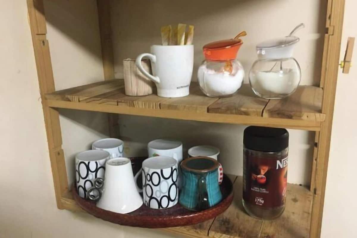 Fridge, microwave, cookware/dishes/utensils