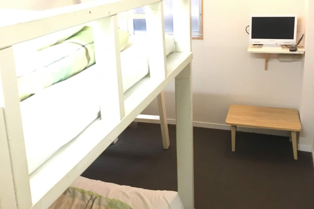 Ett rum med våningssängar, ett litet skrivbord med en dator och ett fönster.