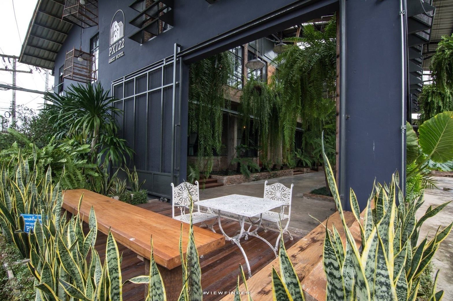 A modern hotel entrance with a wooden bench and white chairs, surrounded by lush greenery and large plants.