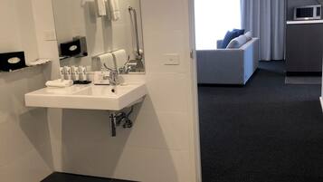 Shower, free toiletries, hair dryer, towels