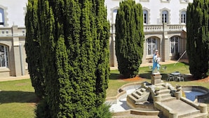 A courtyard with a fountain, seating areas, and tall trees.