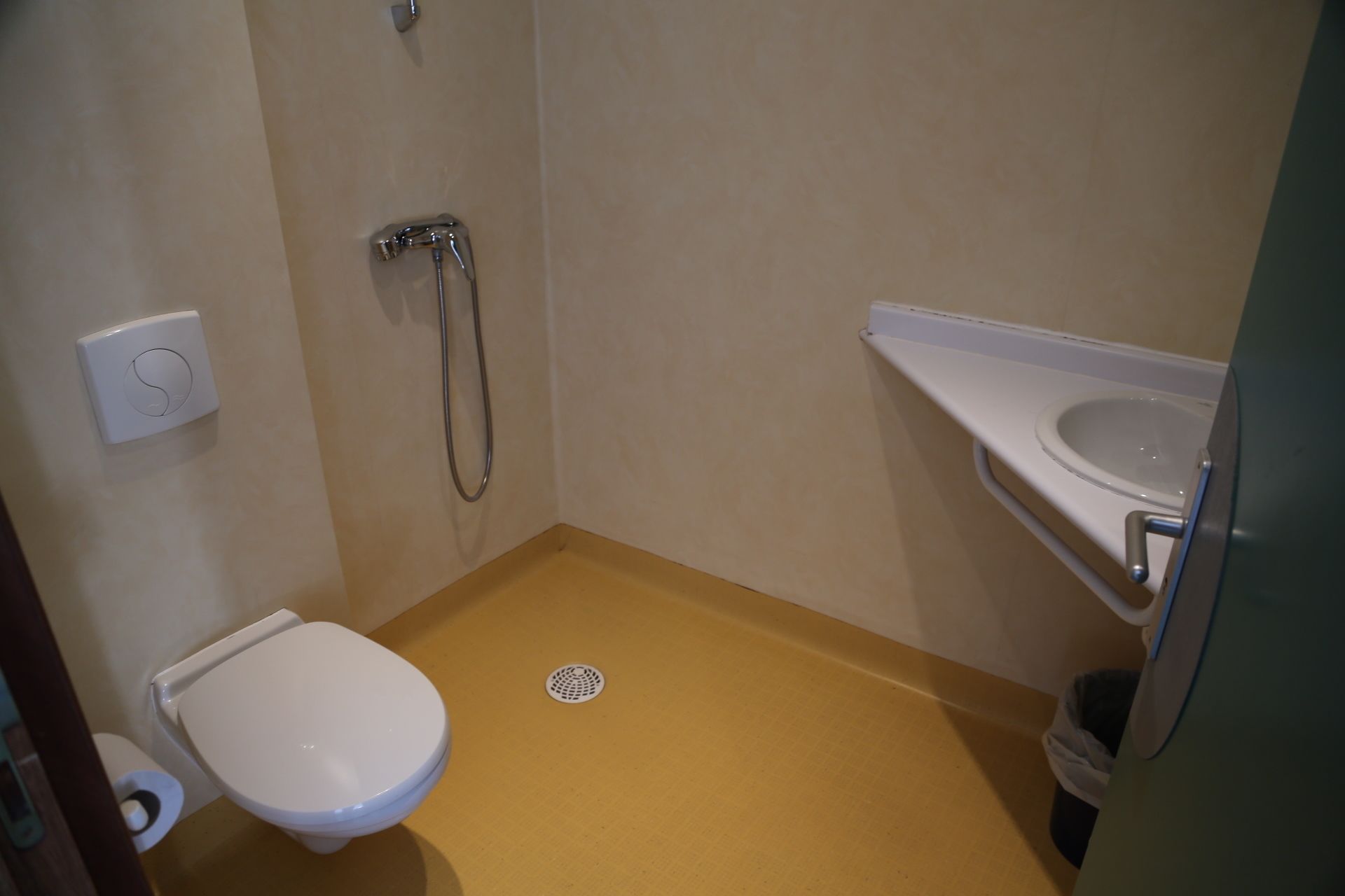 Een compacte badkamer met toilet, douche en wastafel.