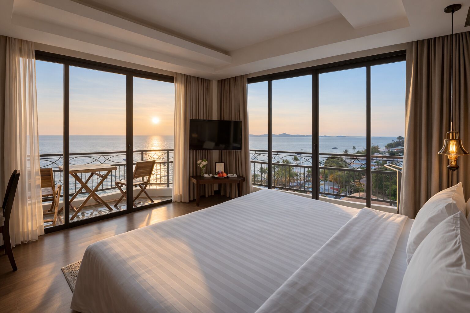 Quarto casal, vista para o mar, no canto | Cofres nos quartos, escrivaninha, cortinas blackout, Wi-Fi de cortesia