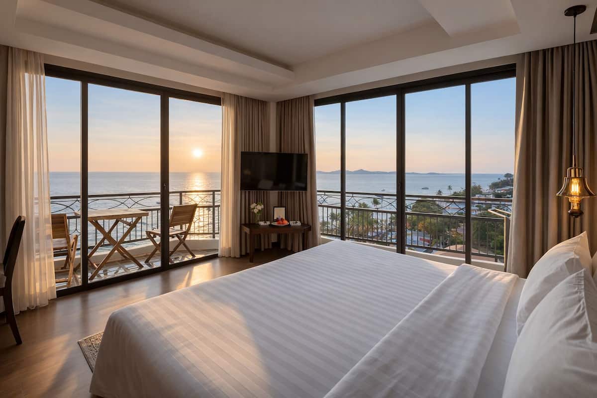 A hotel room with a large bed, a TV, a desk with a chair, and a balcony with a view of the sea.