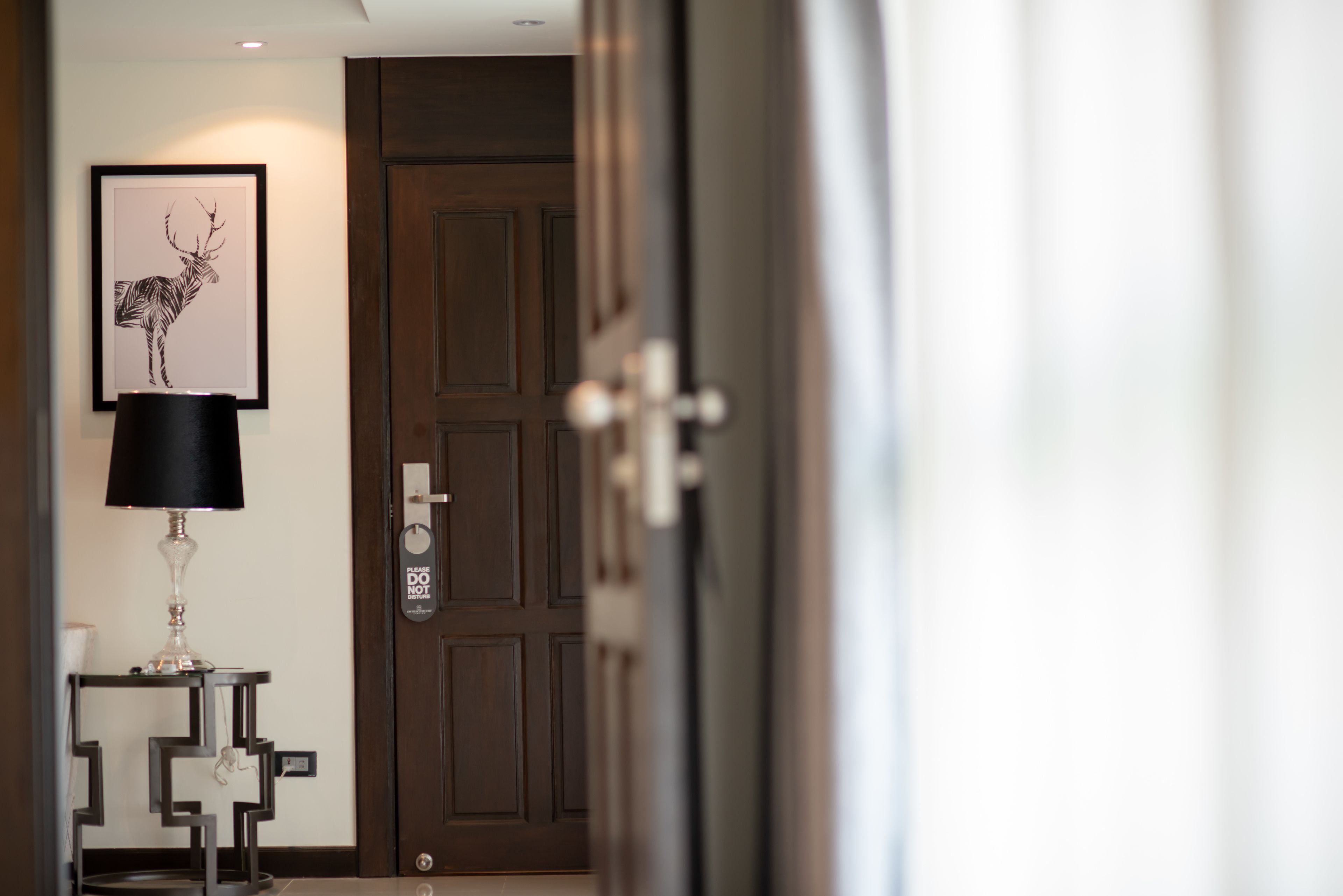 A hallway with a framed deer artwork, a black lamp, and a door with a 'Please Do Not Enter' sign.