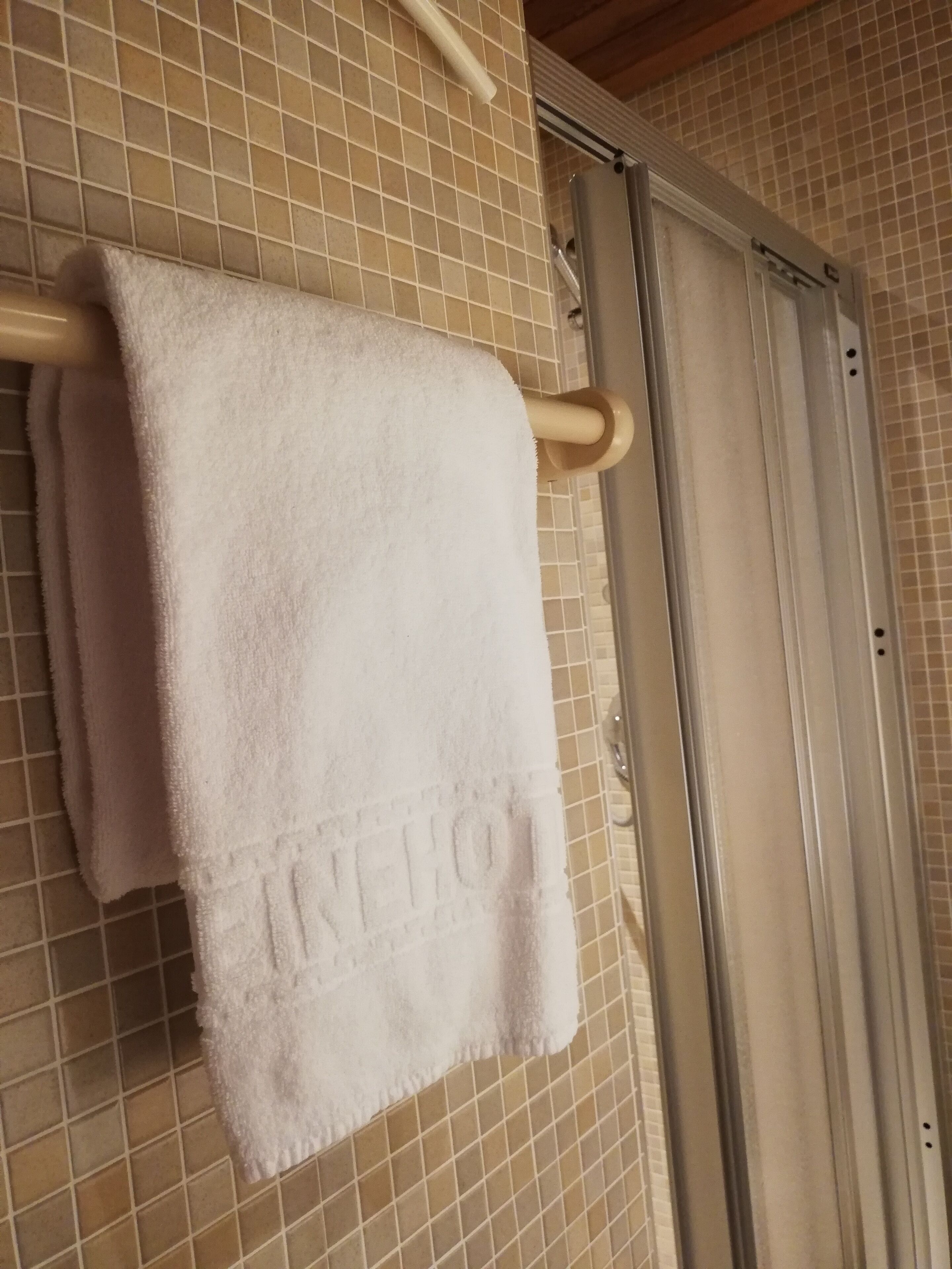 Um banheiro com uma toalha branca pendurada em um porta-toalhas, paredes revestidas de azulejos e área de chuveiro.