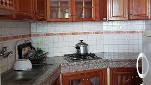 Cocina con armarios de madera, estufa a gas, pileta y refrigerador.