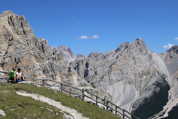Un paisaje montañoso con un sendero pedregoso y una barandilla.