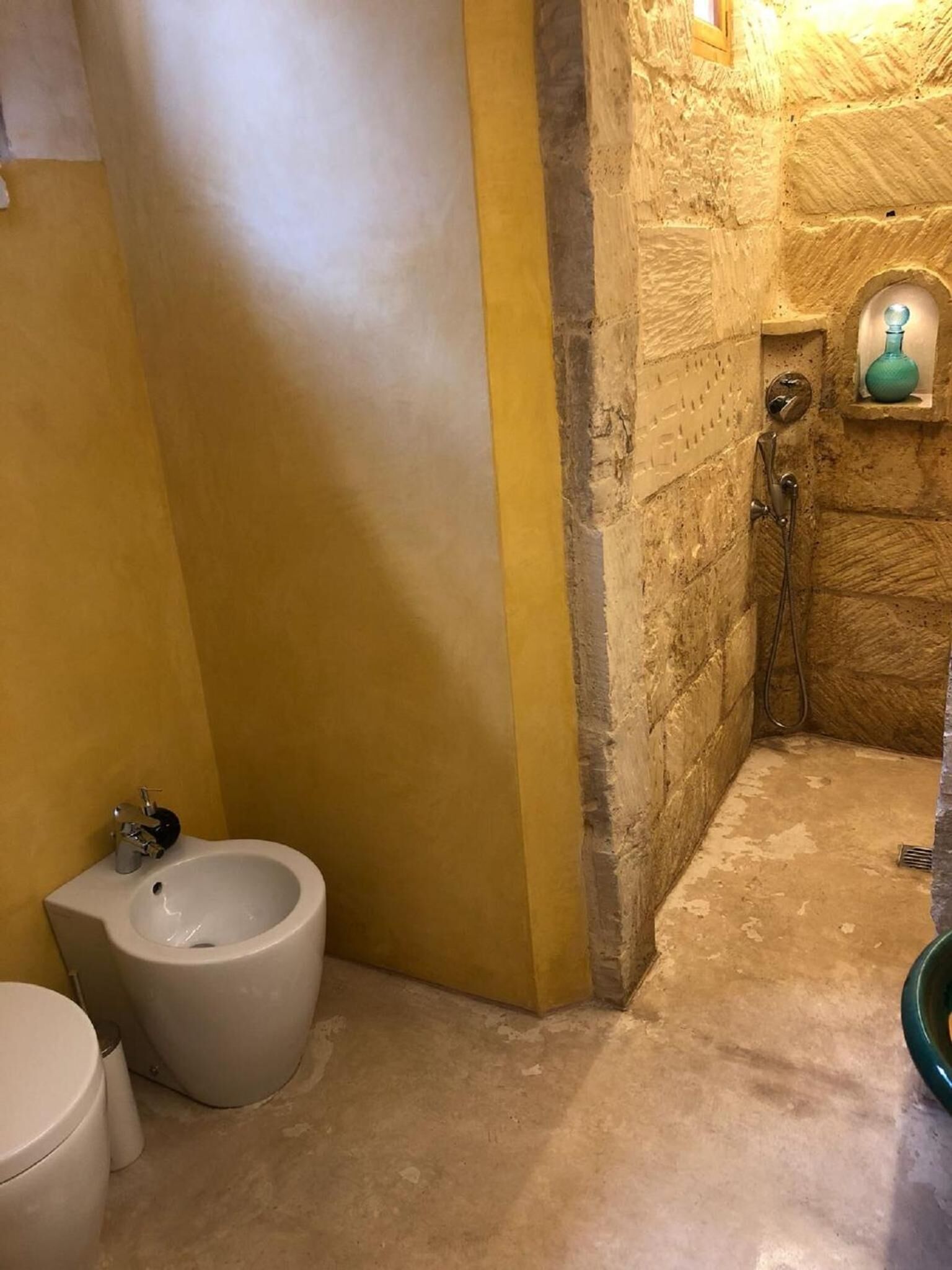A bathroom with a bidet, toilet, and shower area.