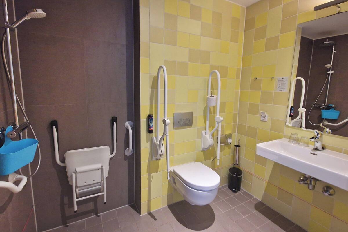 standard room, 1 queen bed, accessible | bathroom | shower, free toiletries, hair dryer, towels