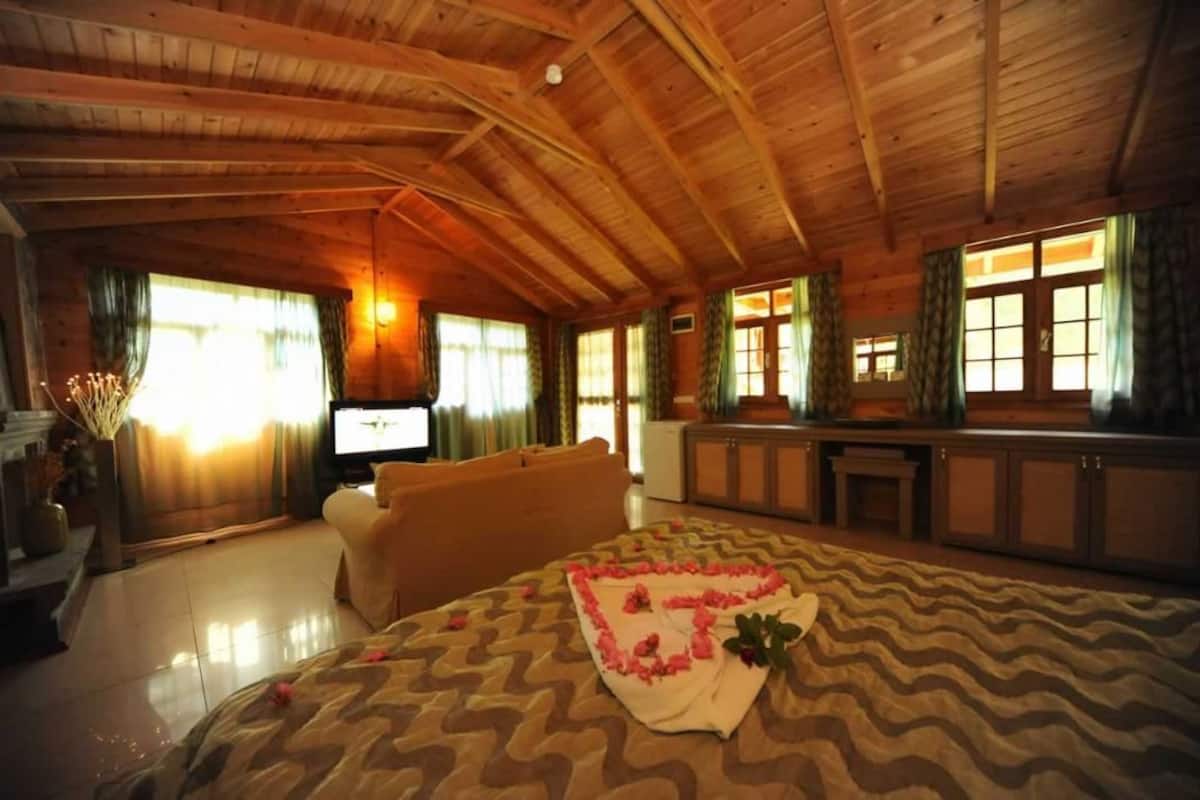A spacious room with a wooden ceiling, a bed with a patterned bedspread, a television, a sofa, and a cabinet.