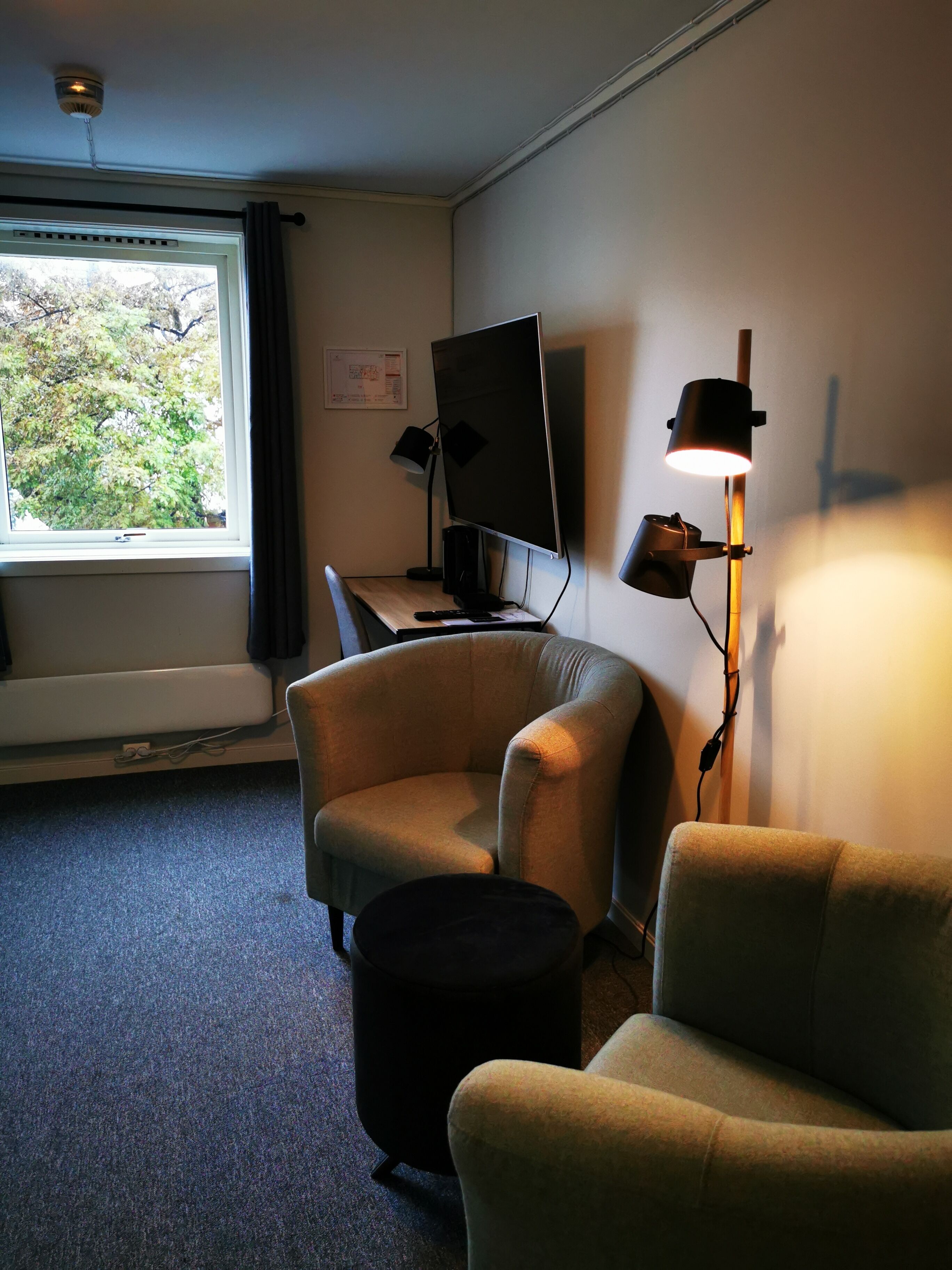 A room with a desk, two armchairs, a small round table, a standing lamp, and a window with a view of trees.