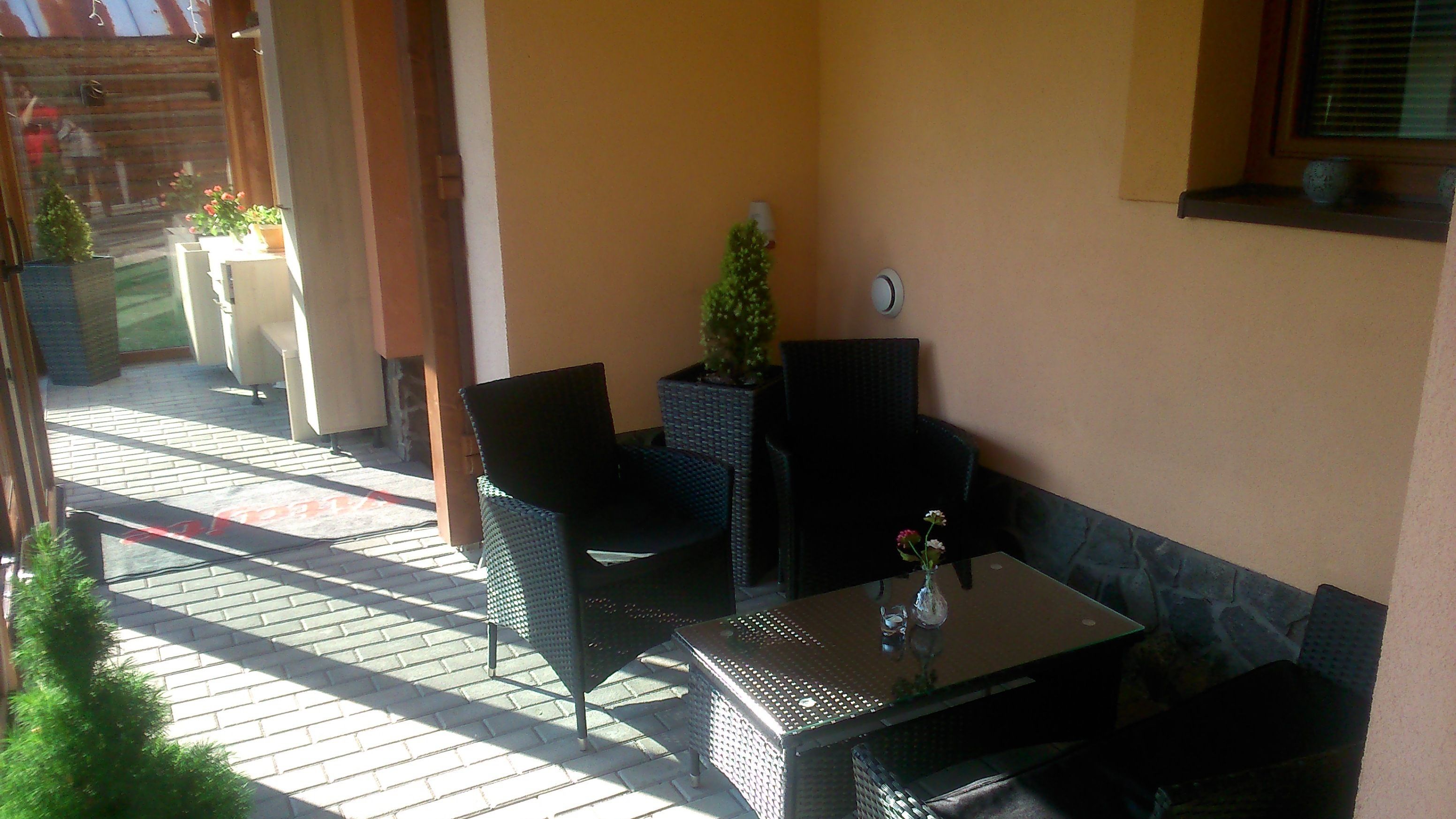 An outdoor patio area with wicker furniture, a glass table, and potted plants.