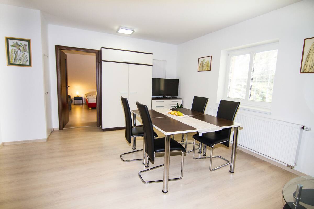 A modern room with a dining table, chairs, a TV, and artwork on the walls.