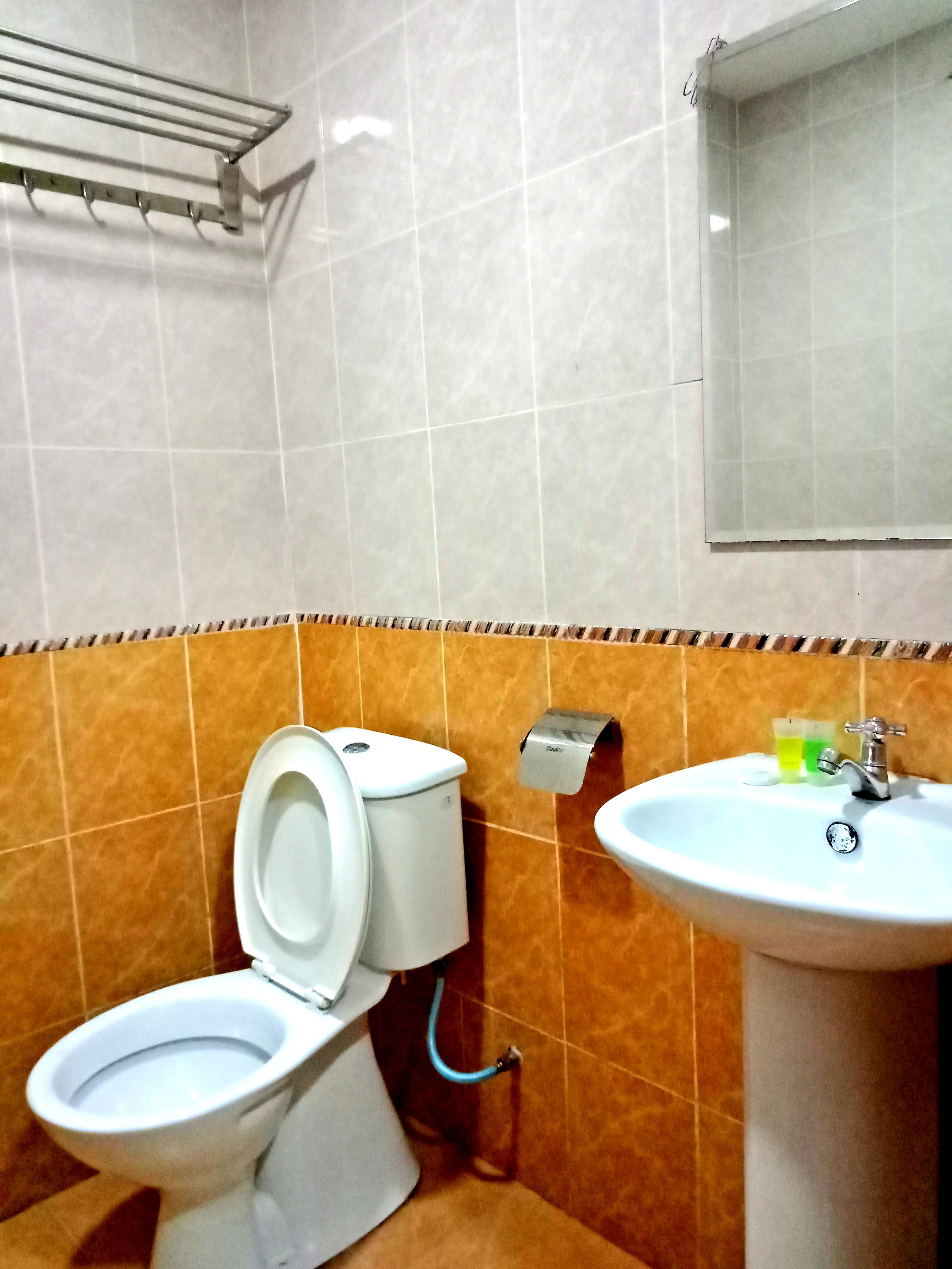 A bathroom with a toilet, sink, and towel rack.
