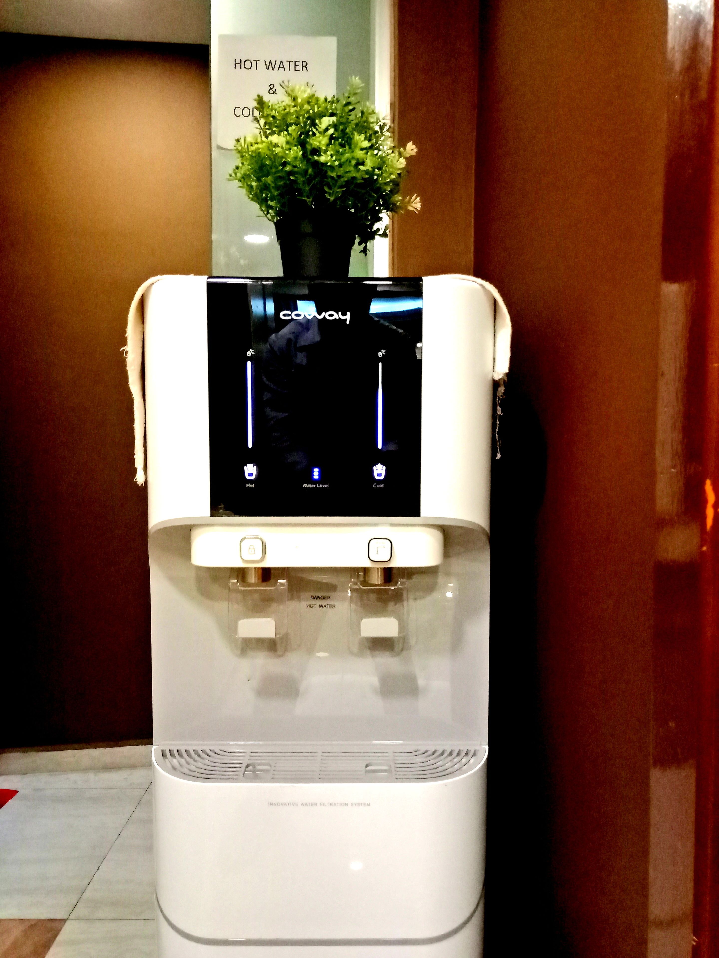 A water dispenser with a digital display, a potted plant on top, and a sign indicating hot and cold water options.