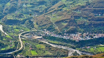 Paisaje rural con carreteras sinuosas, casas dispersas y un helicóptero volando.