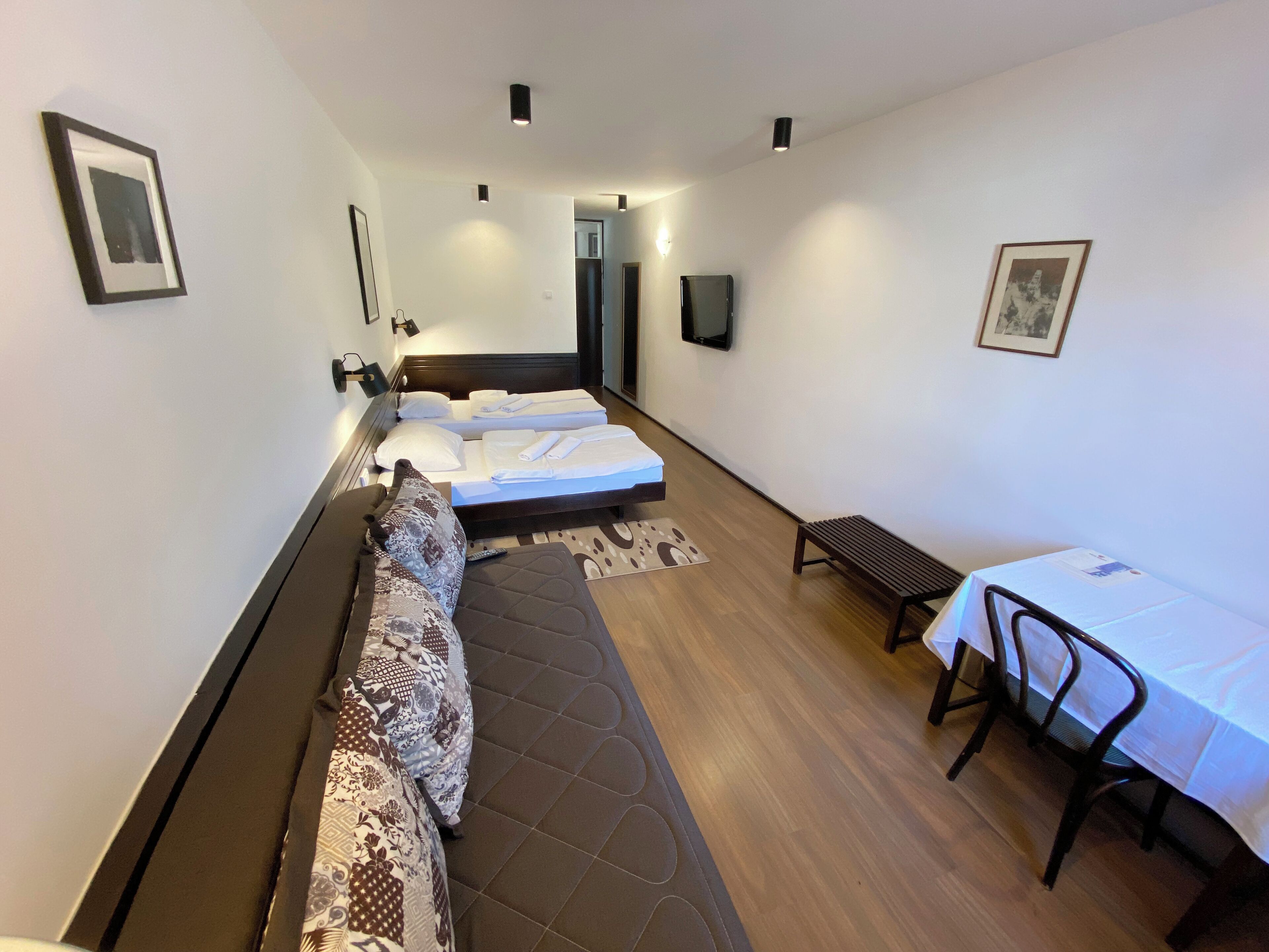 A modern hotel room with a sofa bed, a small table with a chair, and a TV mounted on the wall.