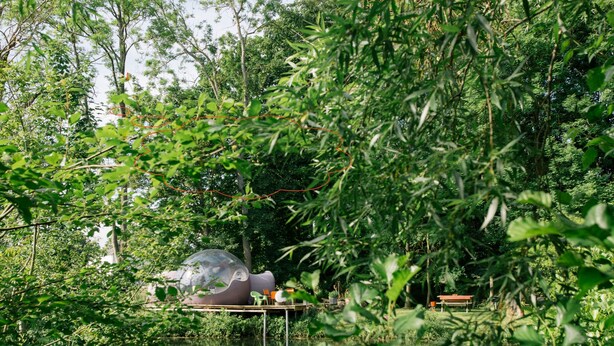 A transparent spherical structure in a lush garden with a pond, surrounded by dense foliage. - Les Aires en Scènes (Epagne-Epagnette)