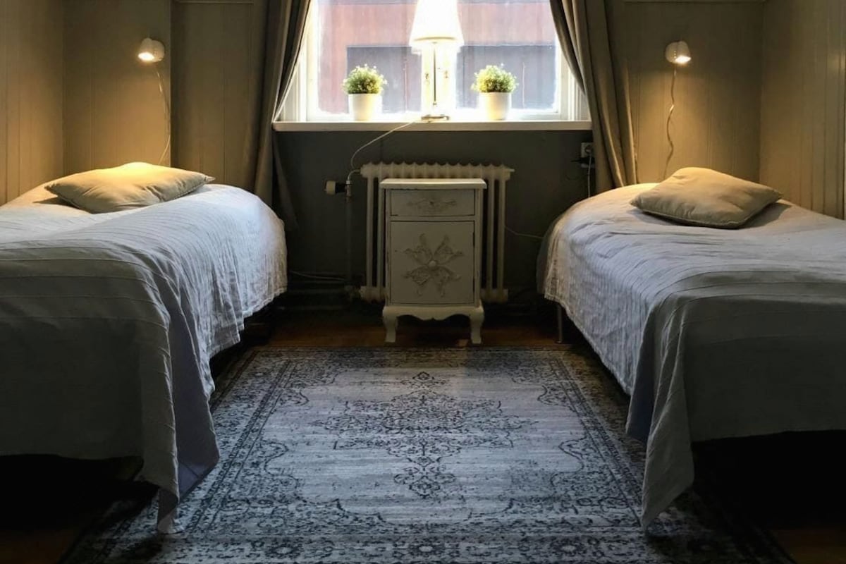 A room with two beds, a radiator, a lamp, and a window with curtains.