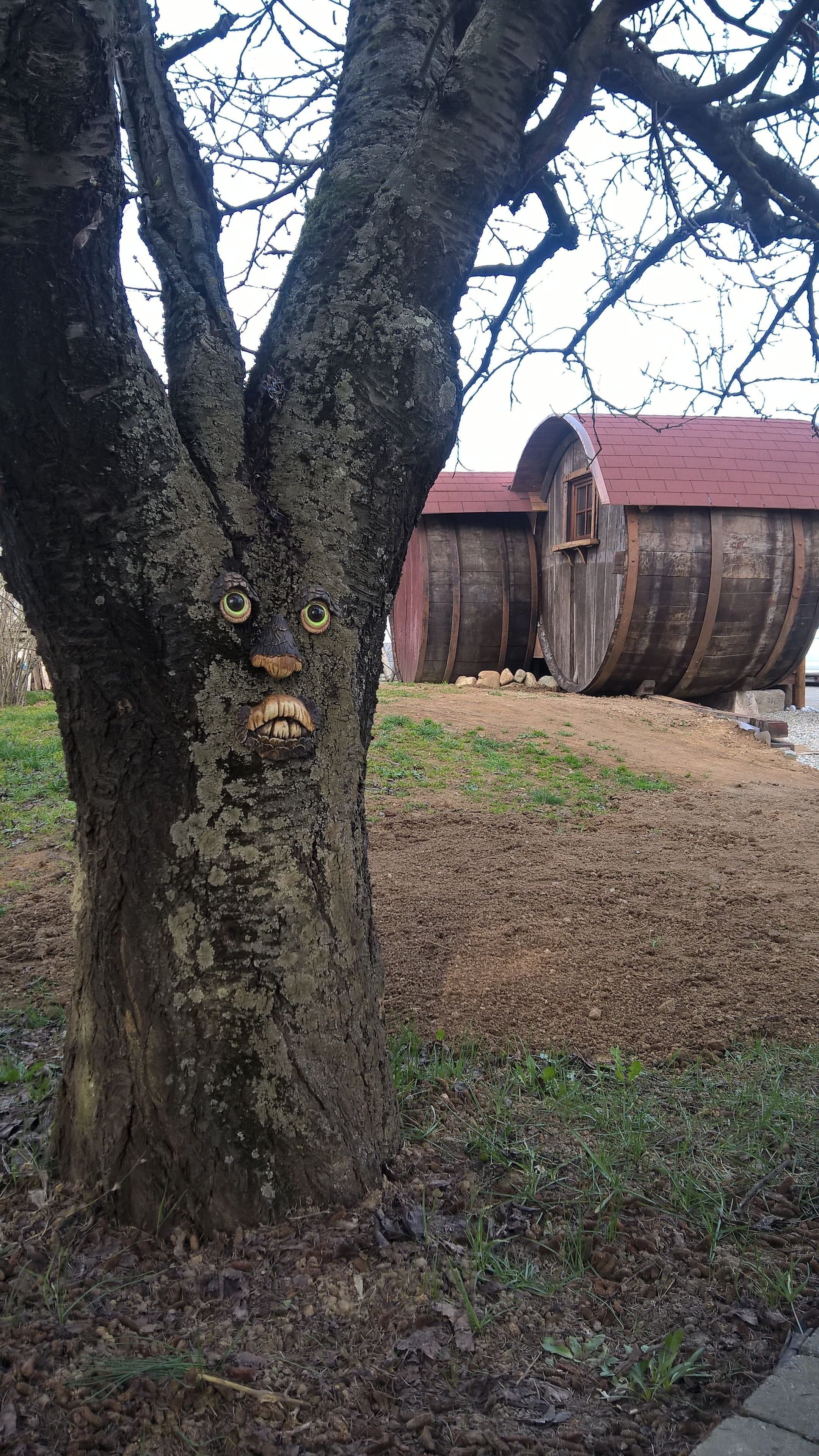 Ein Baum mit einer geschnitzten Gesichtszug, eine Holzhütte mit rotem Dach und ein Erdreich.