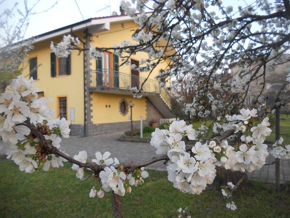 A yellow building with a balcony and a staircase leading to the entrance. - B&B Pervinca (Rocca Grimalda)