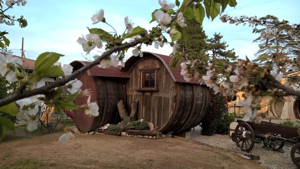 A rustic wooden structure with a red roof, a window, and a wheelbarrow nearby. - B&B Pervinca (Rocca Grimalda)