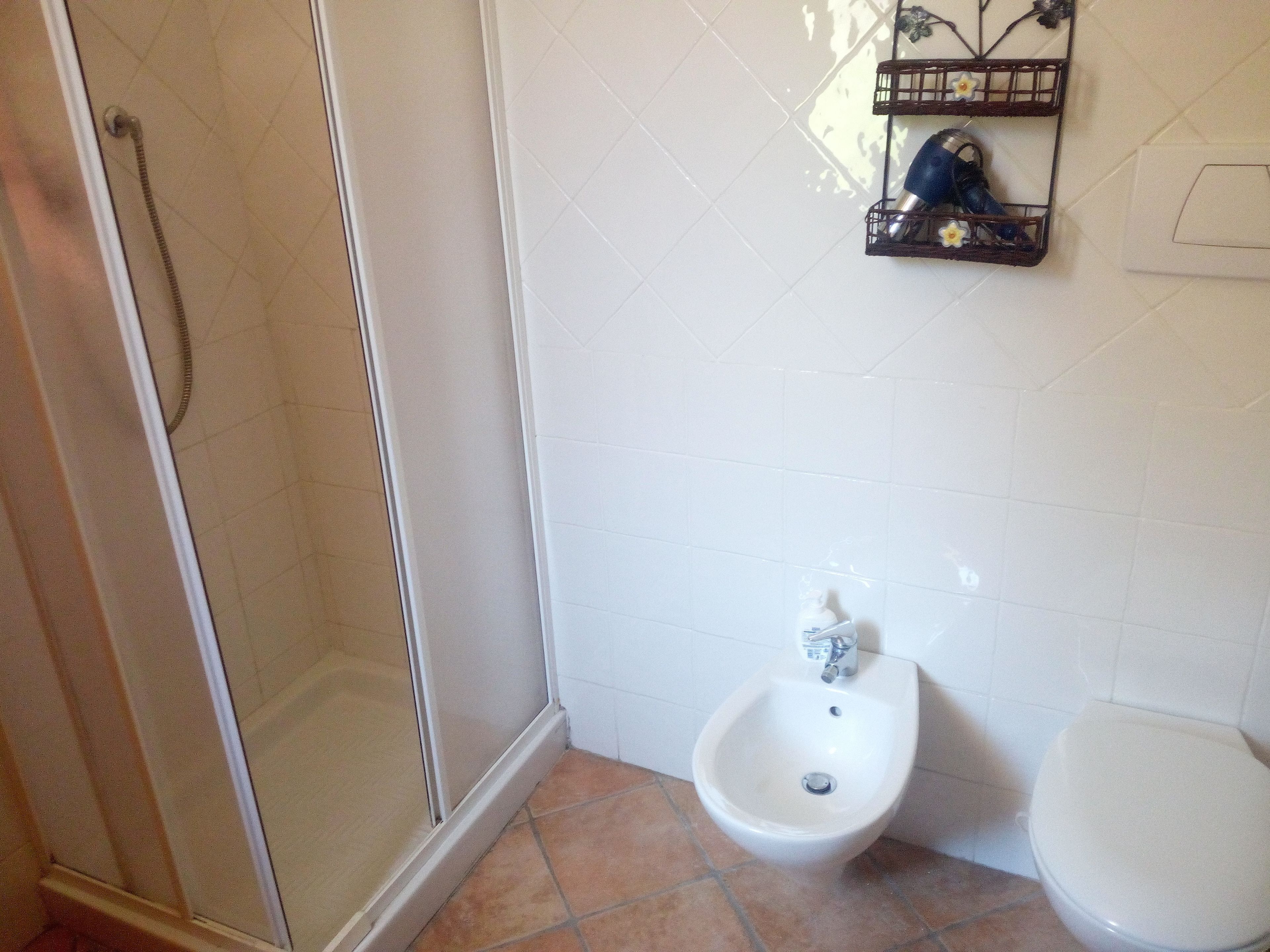A bathroom with a shower, a sink, and a toilet.