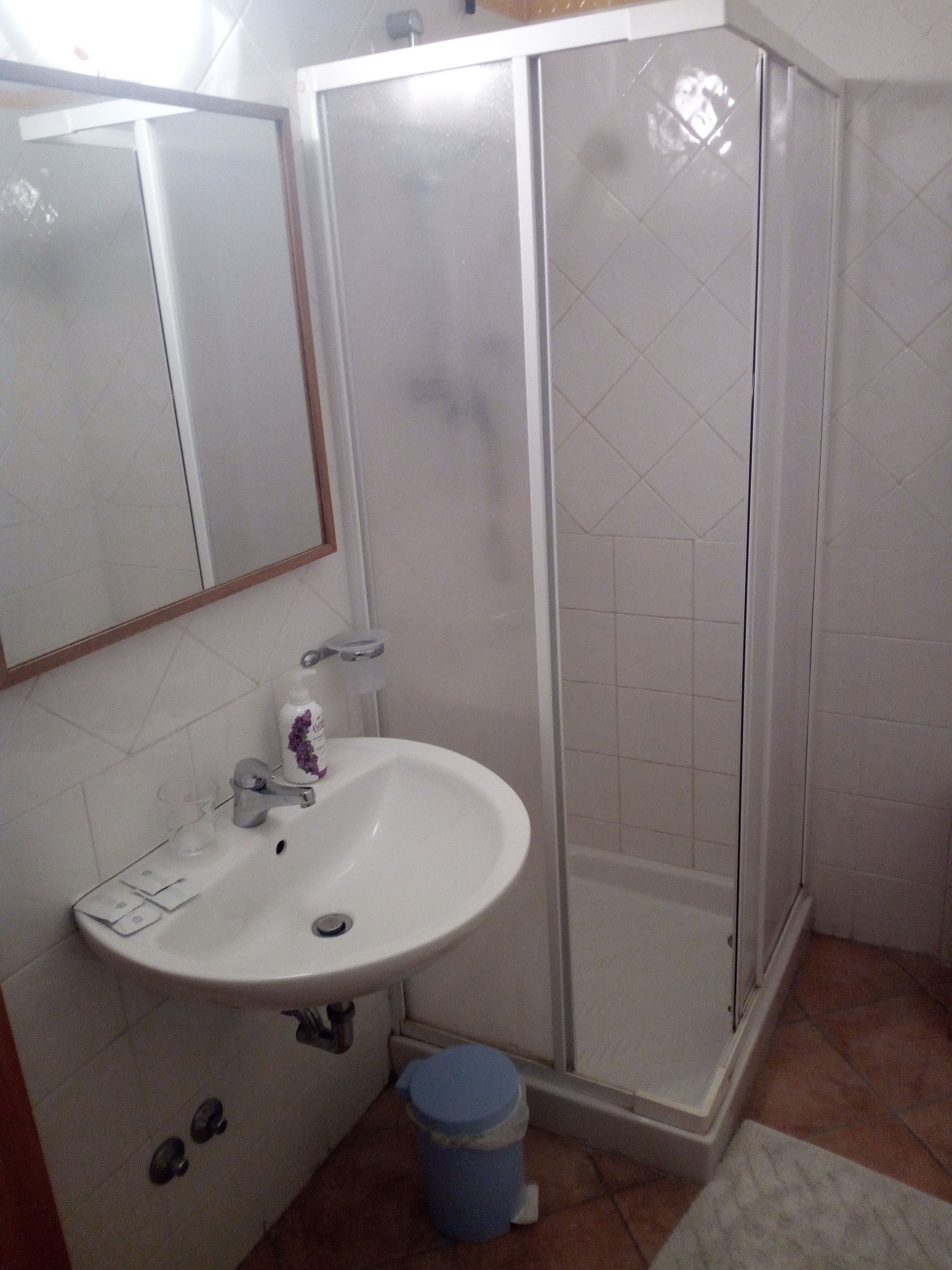 Casa de banho com lavatório branco, espelho e cabine de duche.
