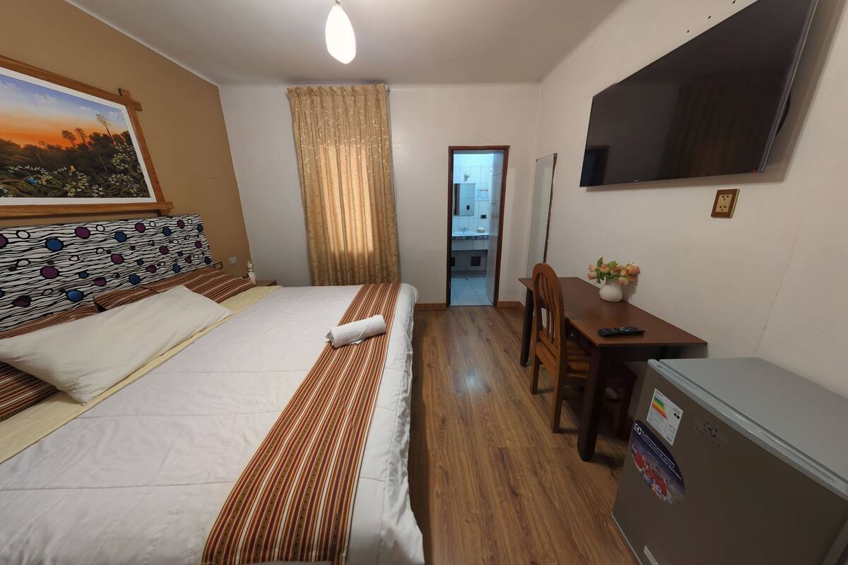 A hotel room with a bed, a desk, a television, and a refrigerator.
