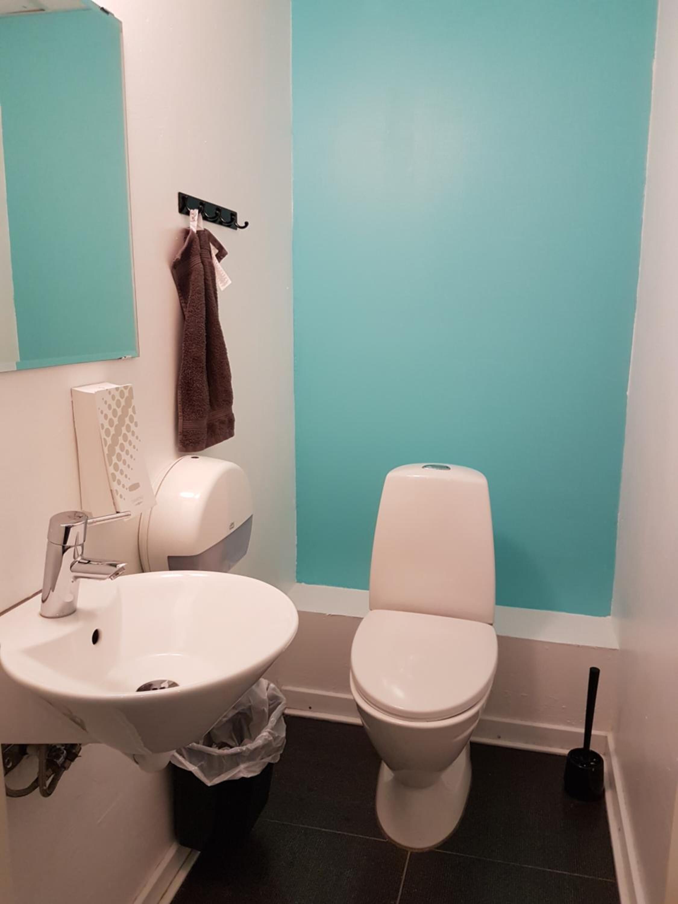 A bathroom with a white sink, a toilet, and a towel hanging on a rack.
