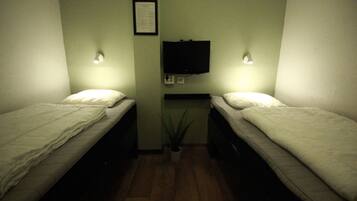 A small room with two single beds, a flat-screen TV mounted on the wall, and a potted plant between the beds.