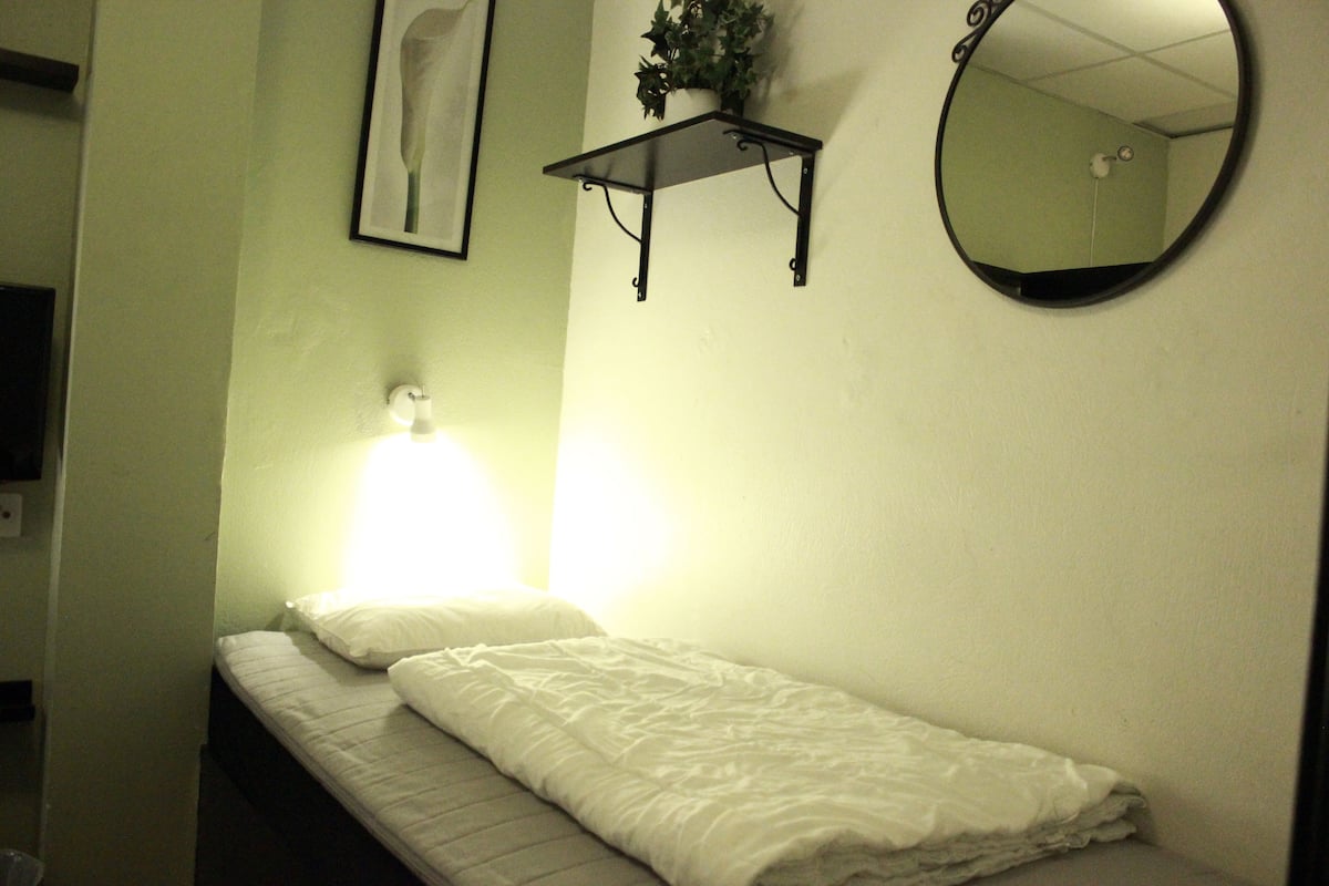 Una cama individual con ropa de cama blanca, una lámpara de noche, un estante con una planta y un espejo redondo en la pared.