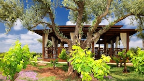 Viñedo con una estructura de pérgola de madera, rodeado de vegetación exuberante y flores moradas.