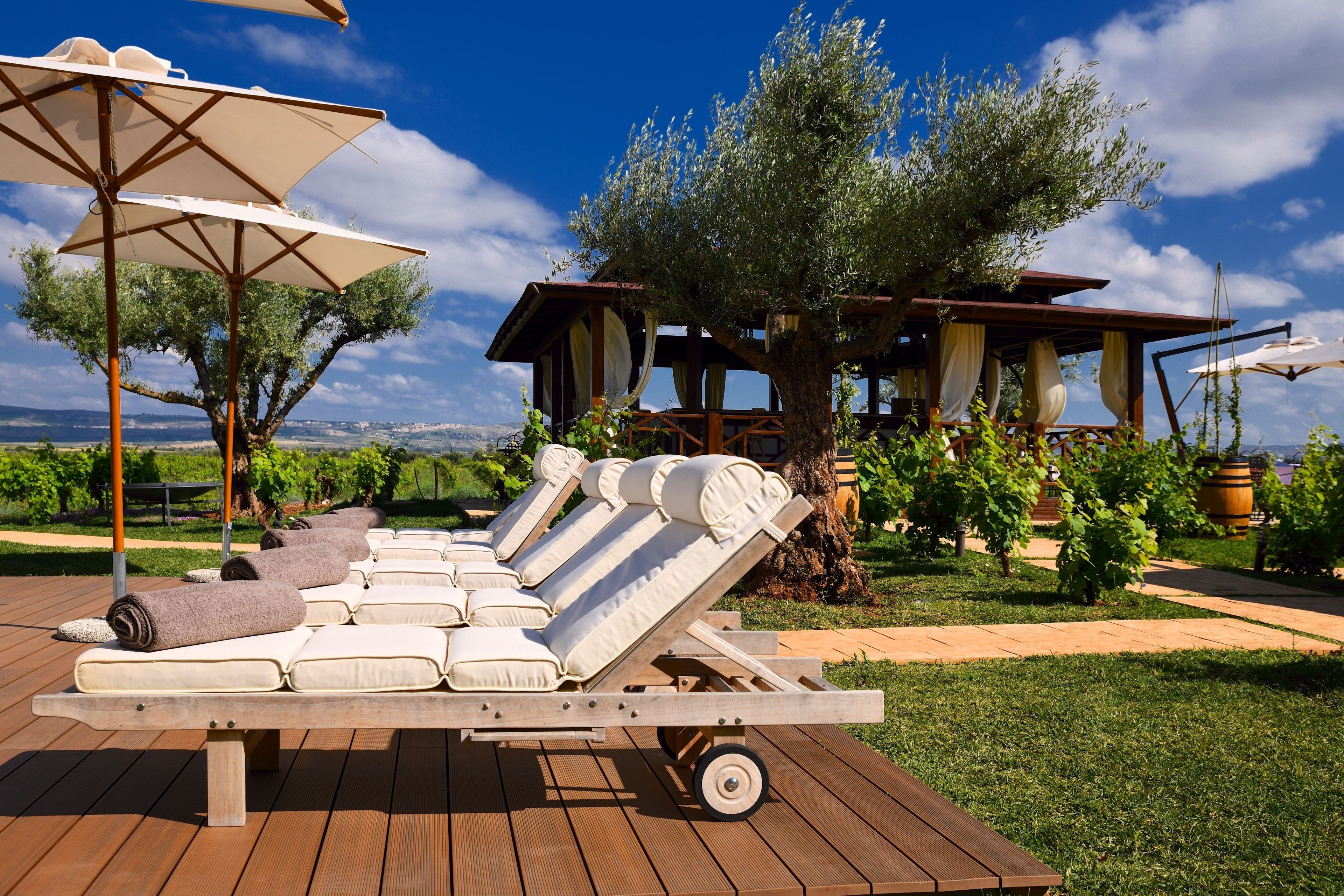 Una terraza de madera con sillones de descanso y sombrillas, una estructura de pérgola y vistas a un viñedo y el paisaje distante.