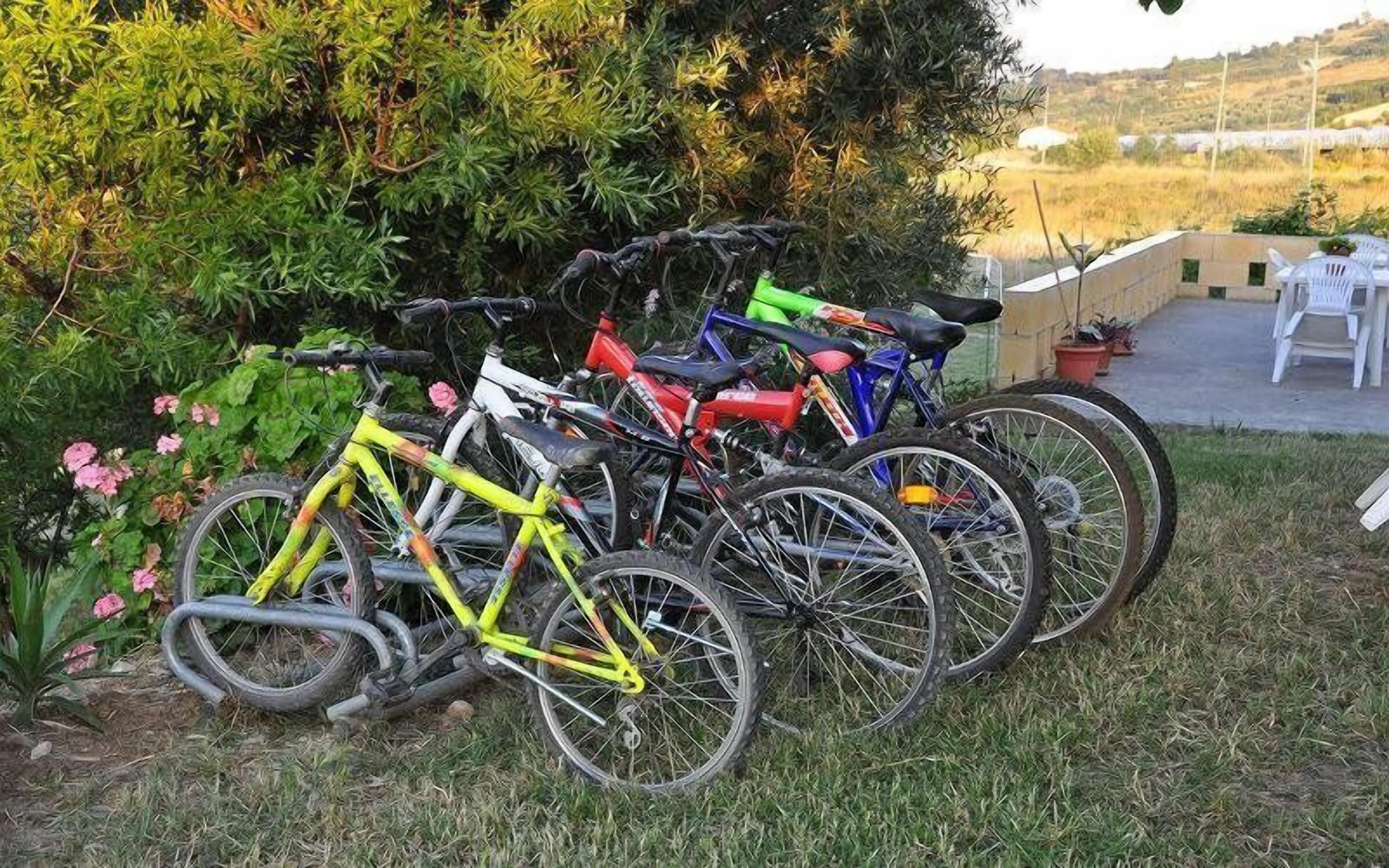 A row of bicycles parked on grass with a view of a garden and hills in the background.