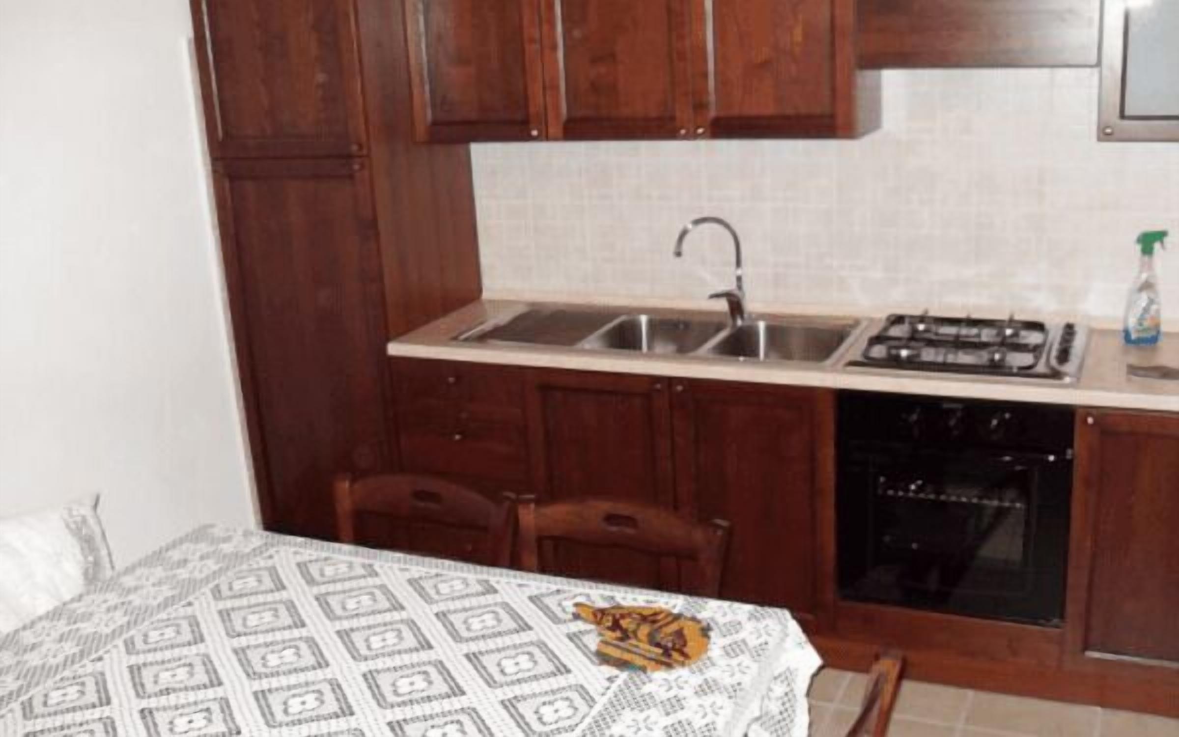 Cocina compacta con armarios de madera, un lavamanos de acero inoxidable, cocina a gas y lavavajillas.