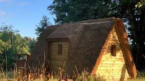 Une cabane au toit de chaume, dotée d’une petite fenêtre et d’une porte en bois, entourée d’herbes hautes et d’arbres.