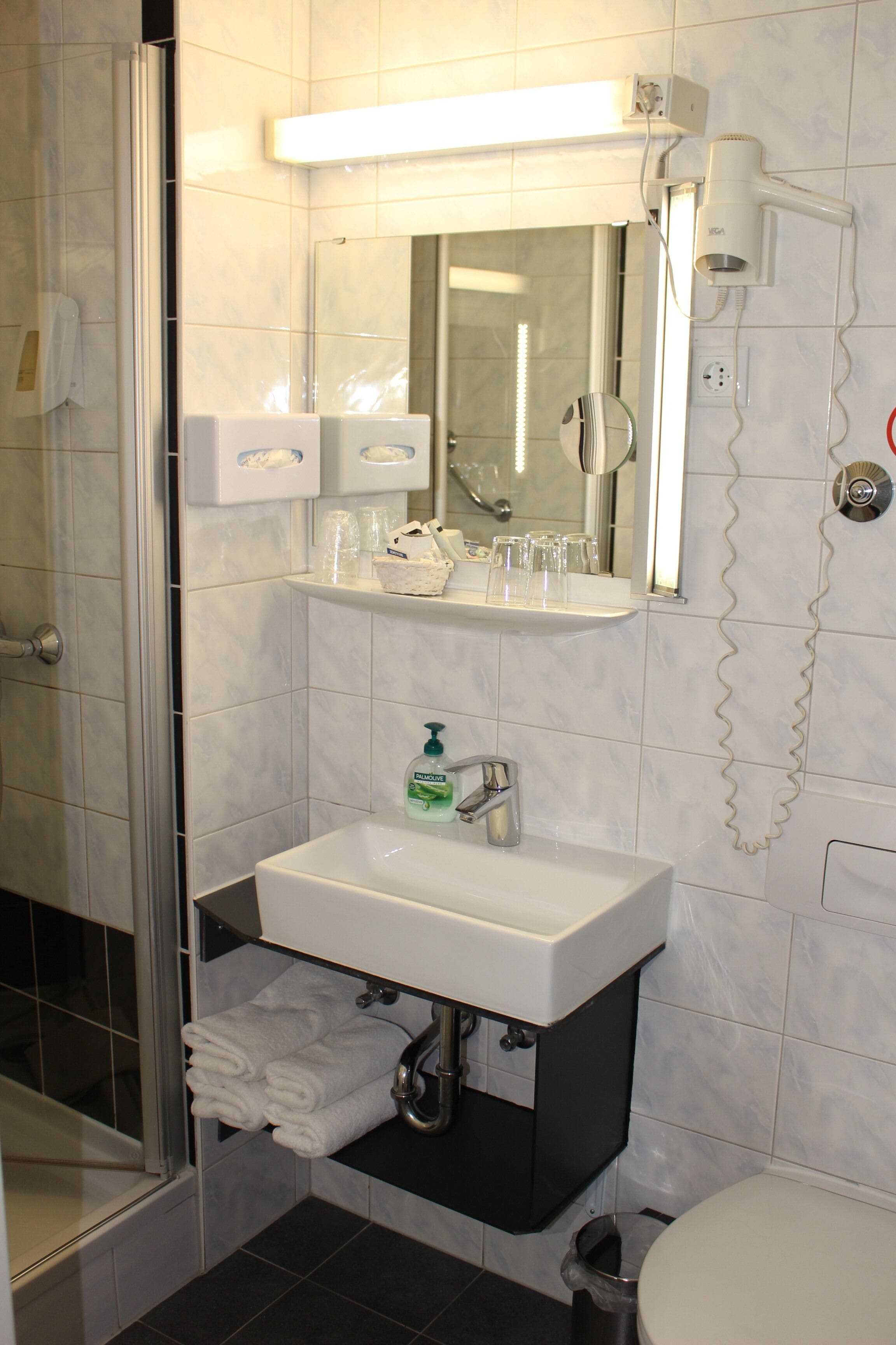 A bathroom with a white sink, a mirror, a hairdryer, and a glass shower enclosure.