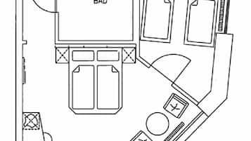 A floor plan with a large central area labeled 'BAD', surrounded by smaller rooms and corridors.