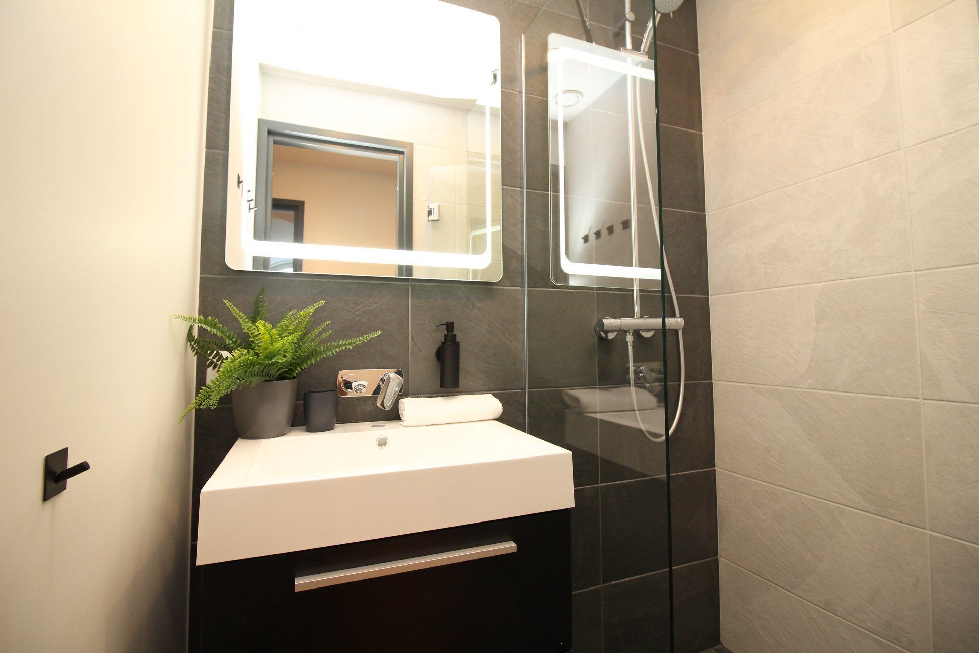 A modern bathroom with a white sink, a mirror, a shower, and a potted plant.