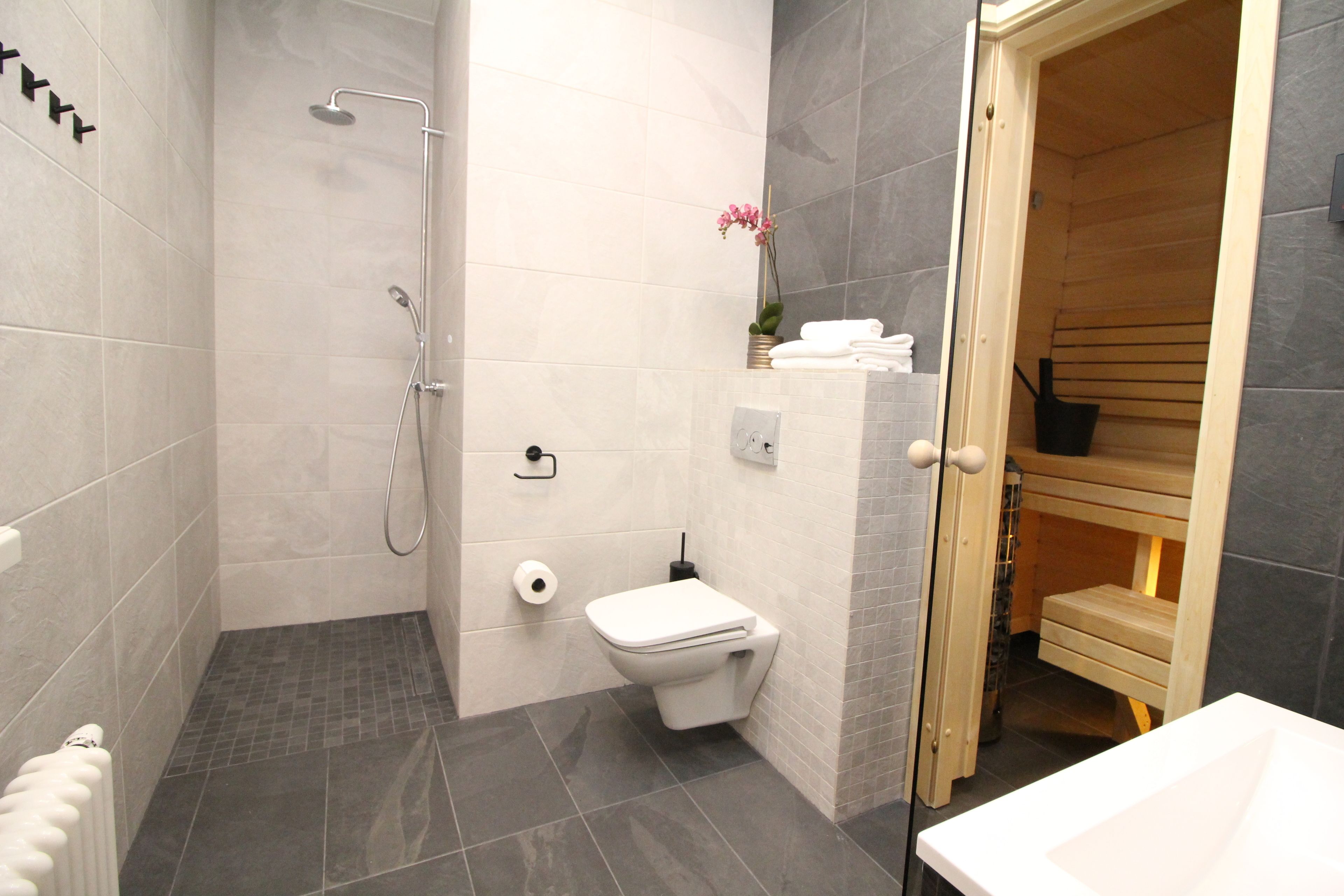 Ein modernes Badezimmer mit Dusche, Toilette und einer Holzsauna.