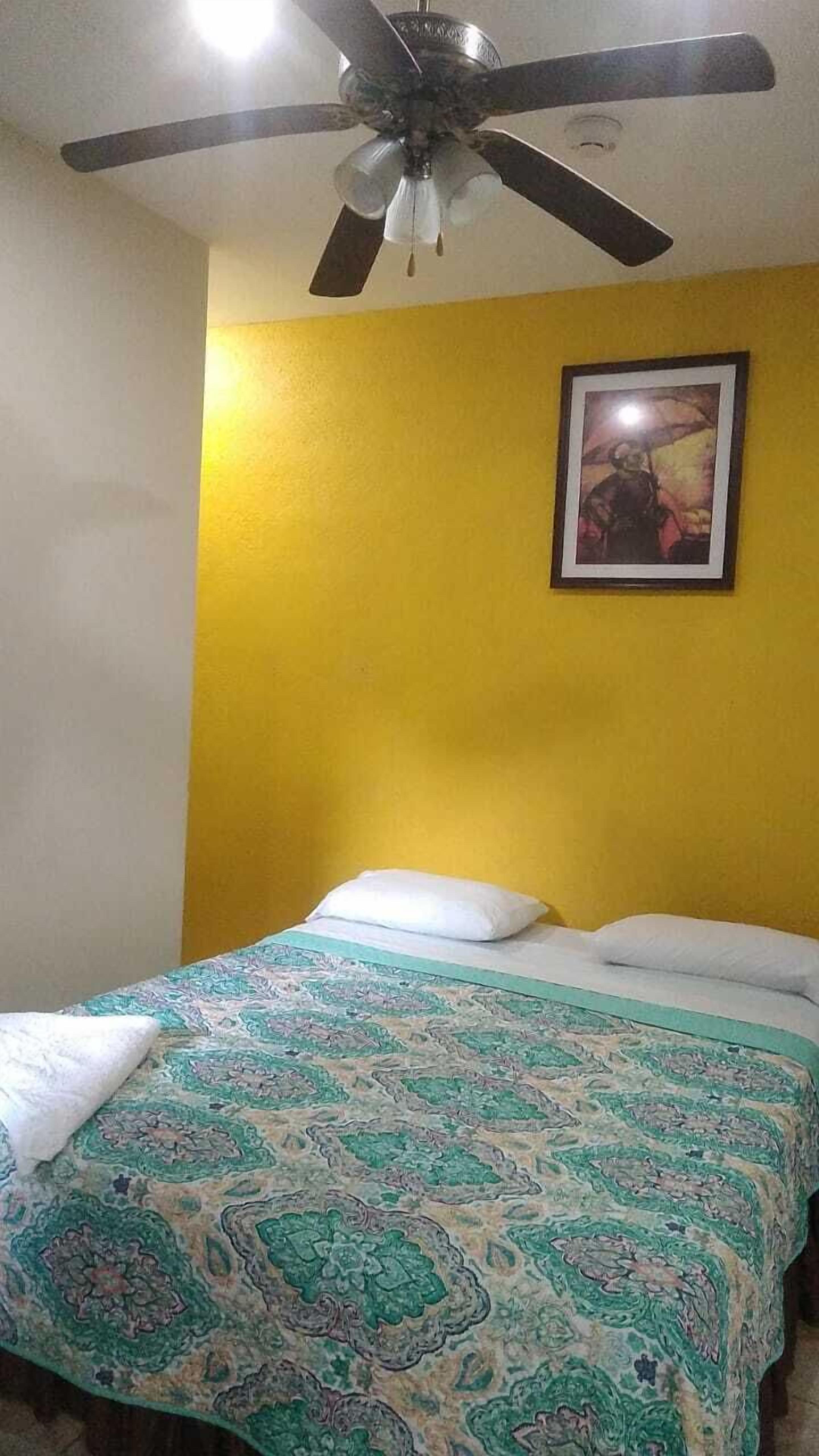Een slaapkamer met een bed, een plafondventilator en een lijst met een afbeelding aan de muur.