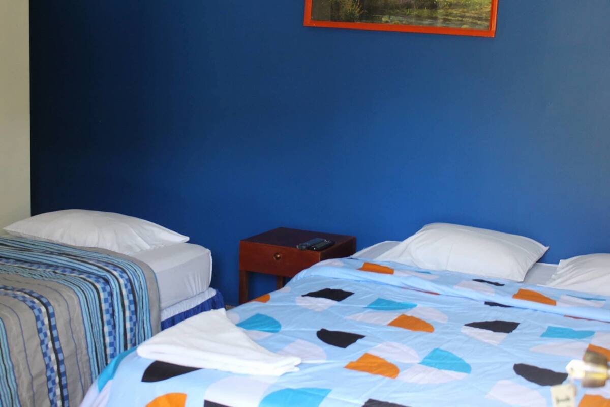 Habitación de hotel con dos camas, una con una manta a rayas y la otra con un colcha colorida. Hay una pequeña mesita de noche de madera con un control remoto encima.