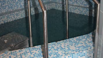 Seasonal outdoor pool, pool loungers