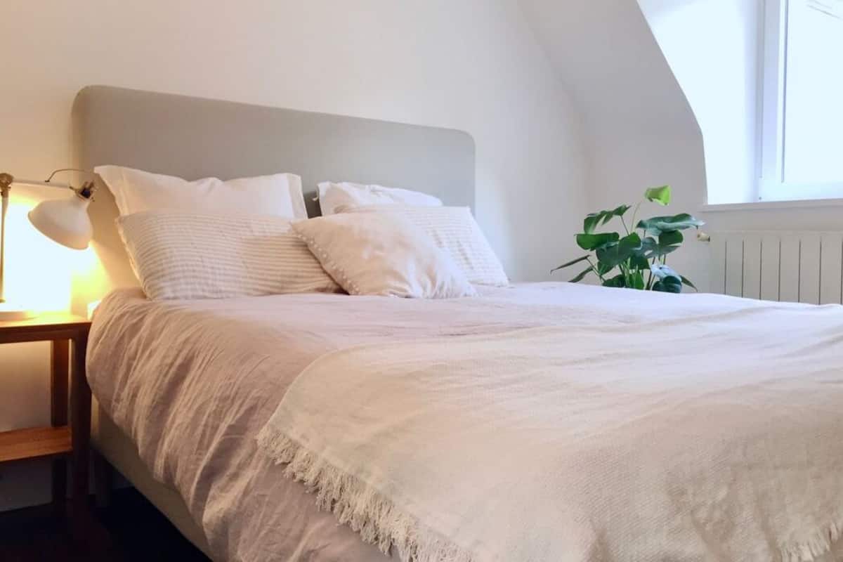 Ein Schlafzimmer mit einem Bett, weißer Bettwäsche, einer Nachttischlampe und einer Topfpflanze.