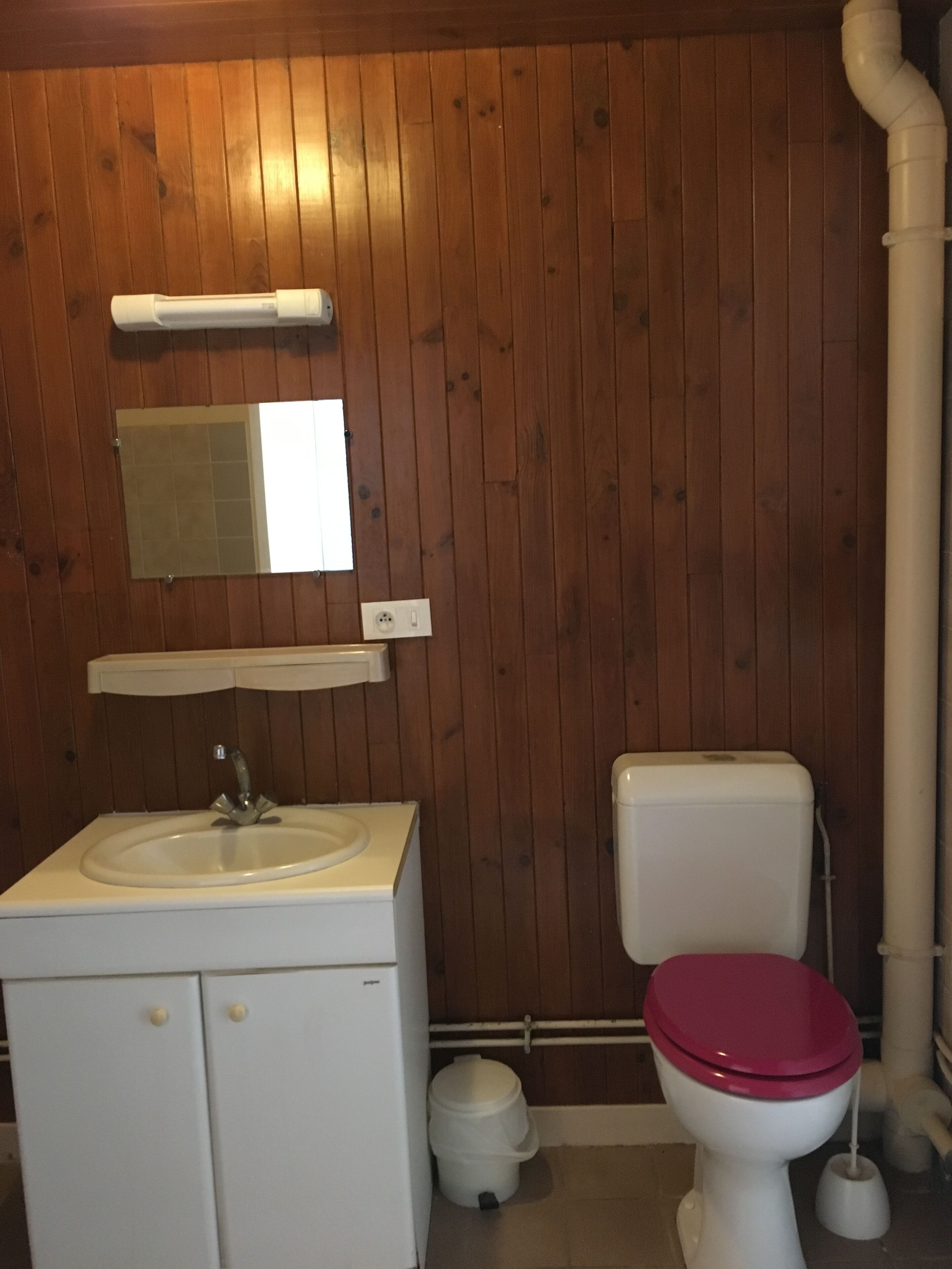 Een badkamer met houten paneelwanden, een witte wastafel met een spiegel erboven, een wit toilet met een rode zitting en een witte prullenbak.