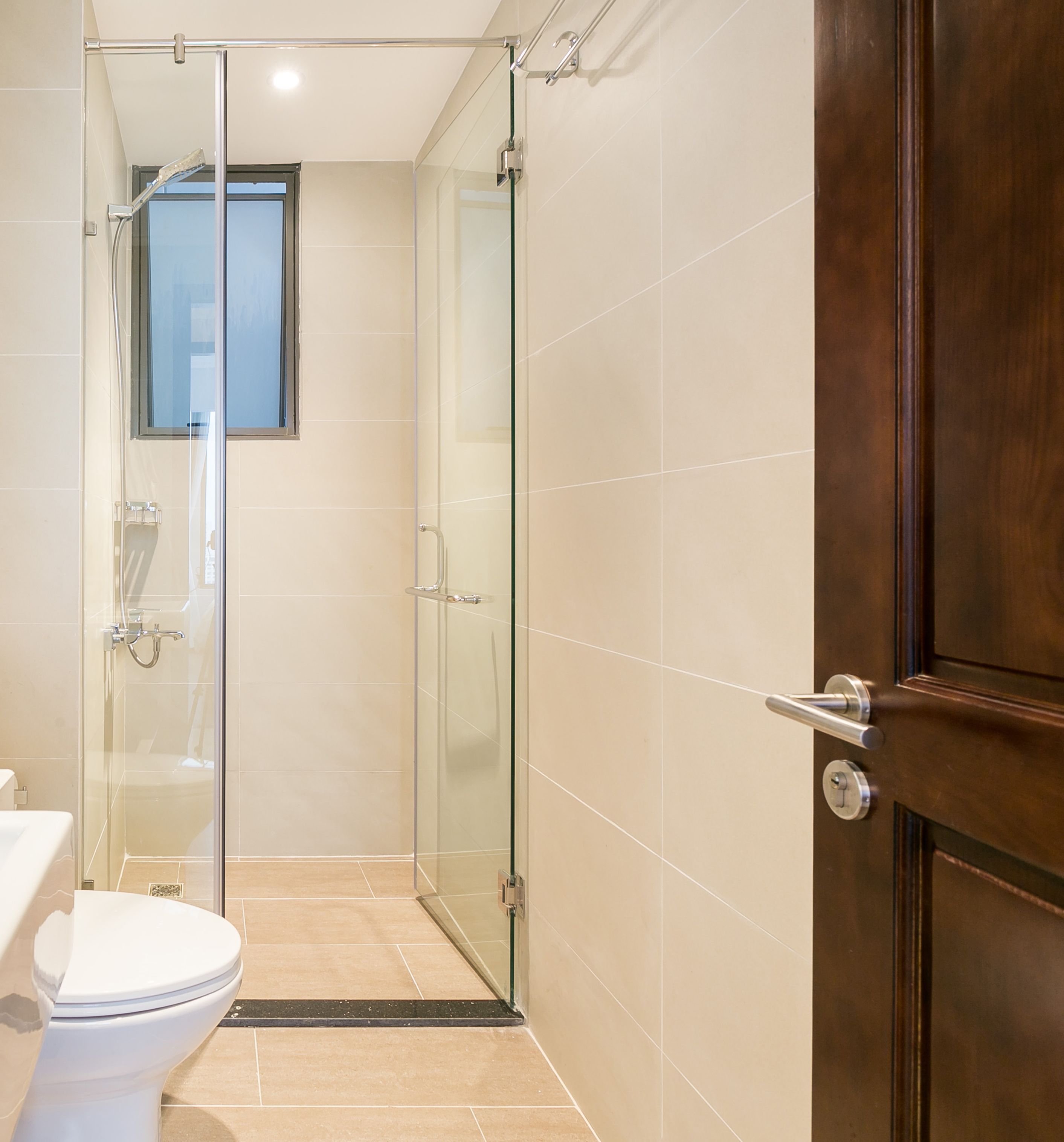 A modern bathroom with a glass-enclosed shower, a toilet, and a wooden door.